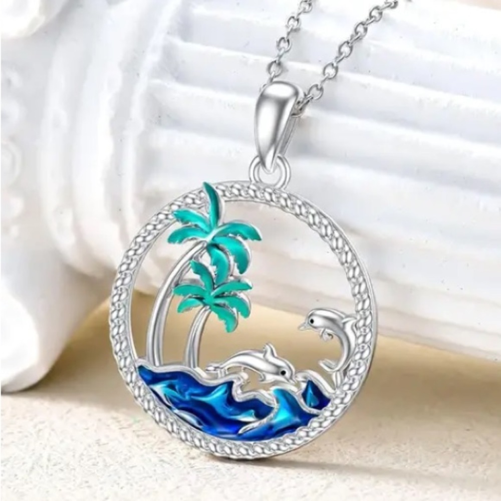 Tropical Palm Tree Ocean Dolphin Silver Toned Necklace - Picture 2 of 2